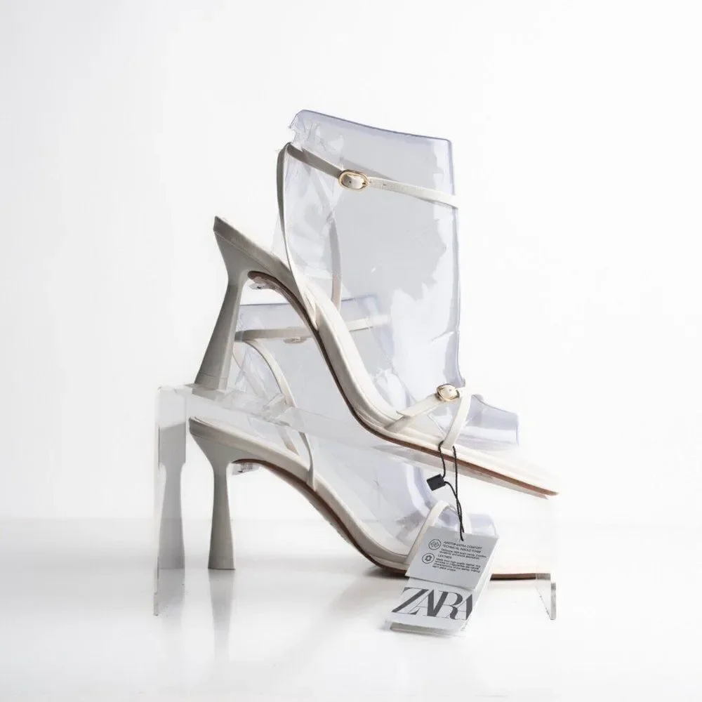 Zara Womens Crossed Strap Heels Sandals White Leather 2337/110 US 9 EU 40 NWT - Picture 7 of 8